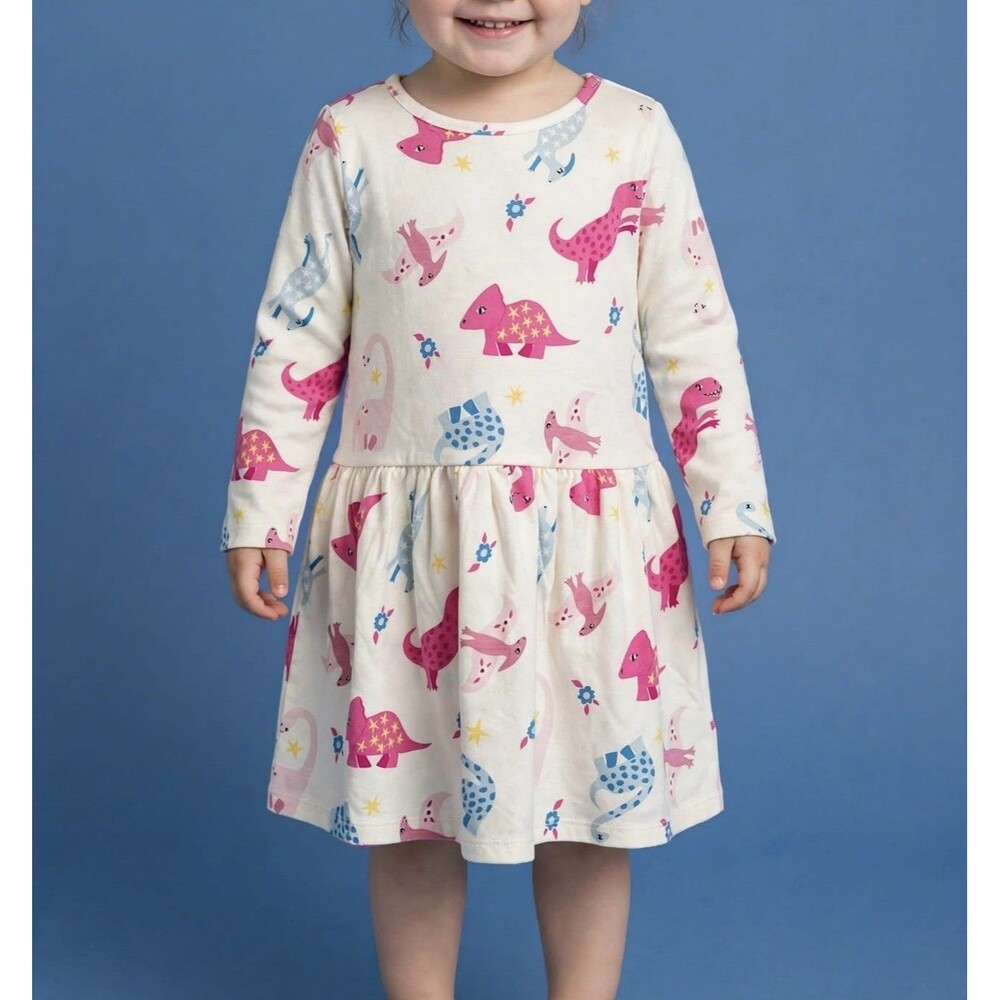 Toddler Girls 3T Ivory Dinosaur Print Fit & Flare Long Sleeve Dress Old Navy